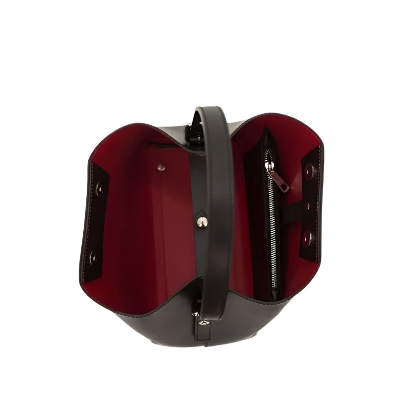 Beatrice Black Structured Leather Bucket Bag with Red Interior