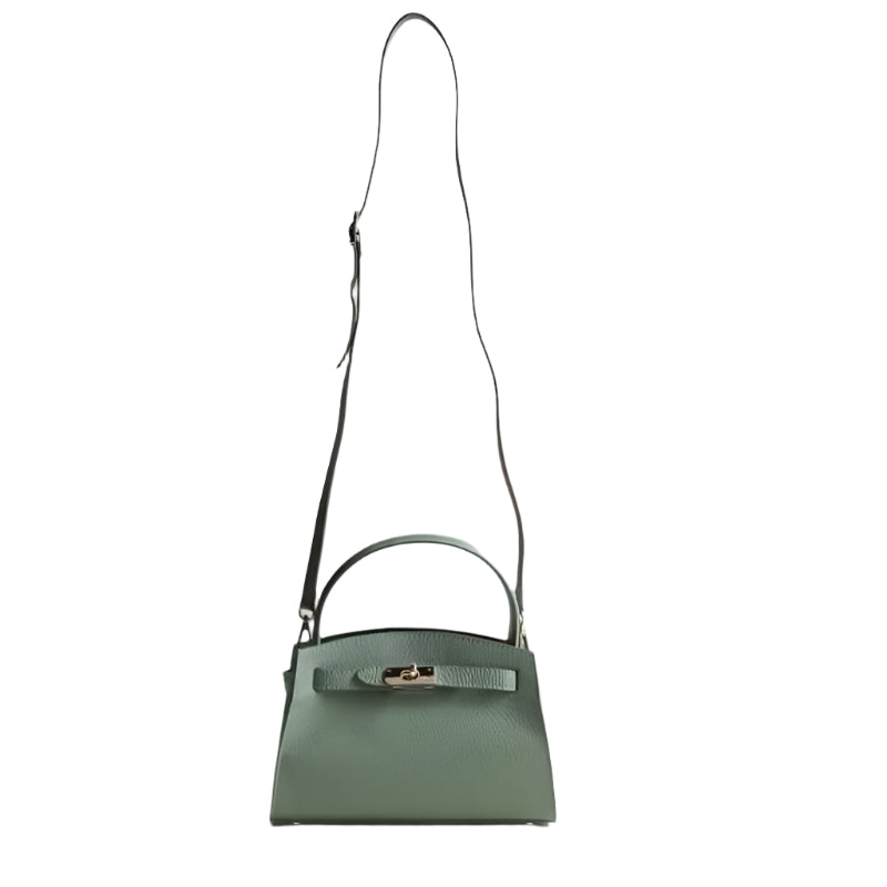 Bella Green Emerald Crossbody Leather Handbag hanging on a stand