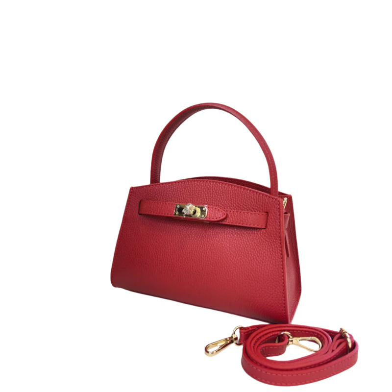 Close-up of Bella Red Italian handmade leather bag's detailing