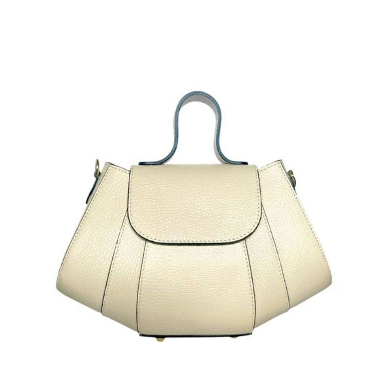 Structured trapeze design of Sofia Cream, a luxury handbag from Numabagstore, highlighted in a back view