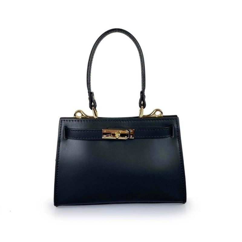 Close-up of Numabagstore's Georgia Black, a compact and chic black leather handbag