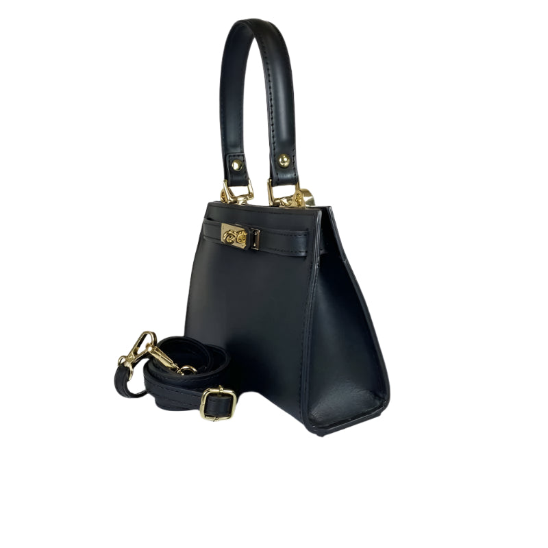 Elegant black leather shoulder bag with gold hardware from Numabagstore