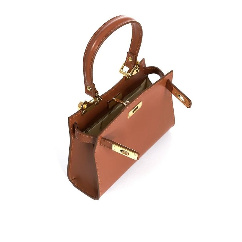 Side view of Numabagstore's Georgia Brown handbag with secure twist-lock