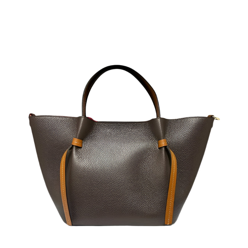 Side view of Olivia Taupe, an Italian leather bag showcasing premium craftsmanship from Numabagstore