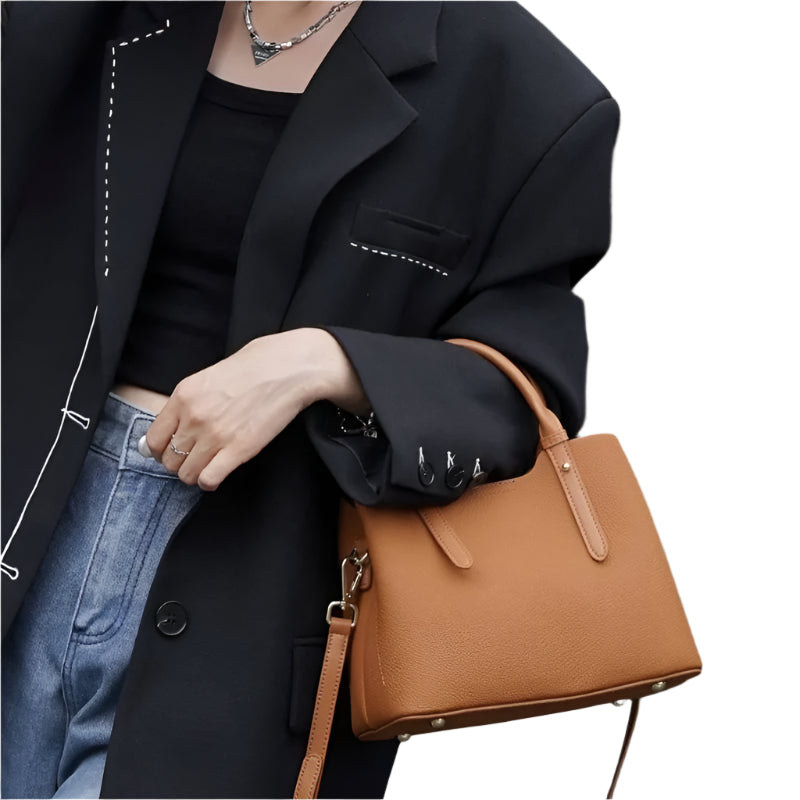 Detailed shot of Chiara Camel leather shoulder bag
