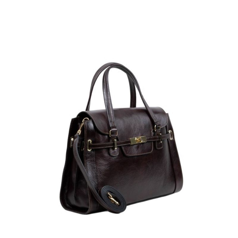 Close up of Emanuela Dark Brown bag's gold-tone hardware from Numabagstore